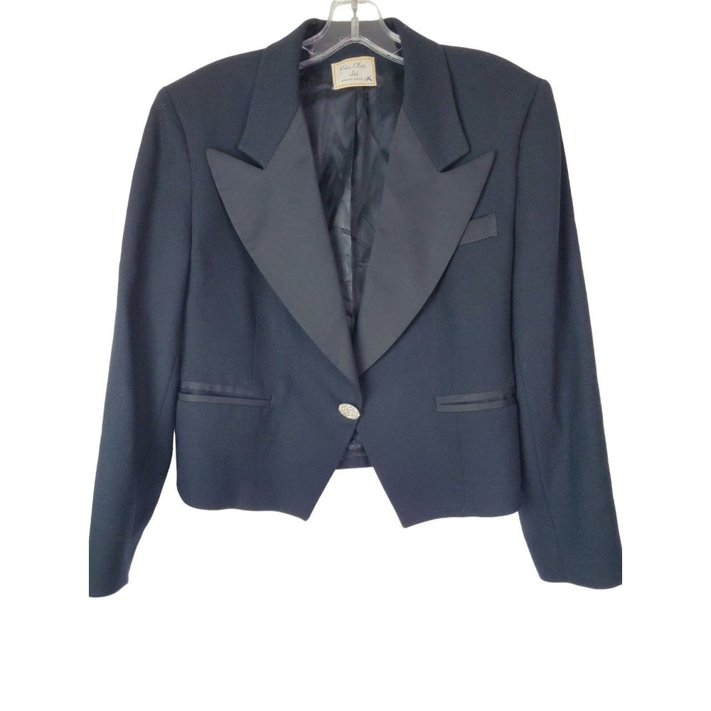 Vintage 90s Robin Elliot Womens Black Tuxedo Jacket Shoulder Pads Rhinestones